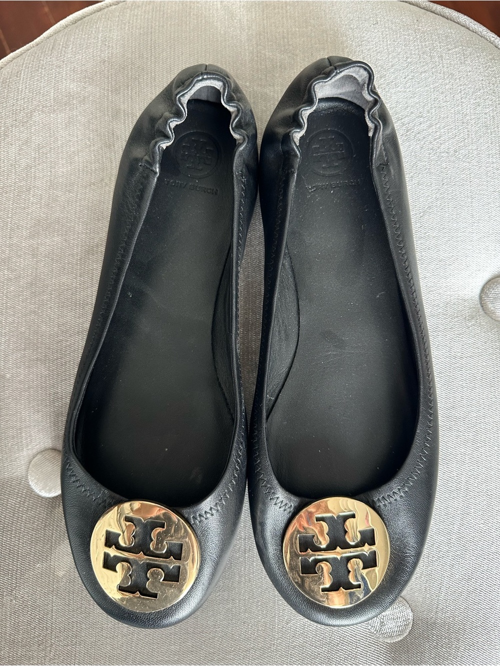 Tory Burch Reva Travel Black Leather Ballet Flats with Gold Logo Medallion